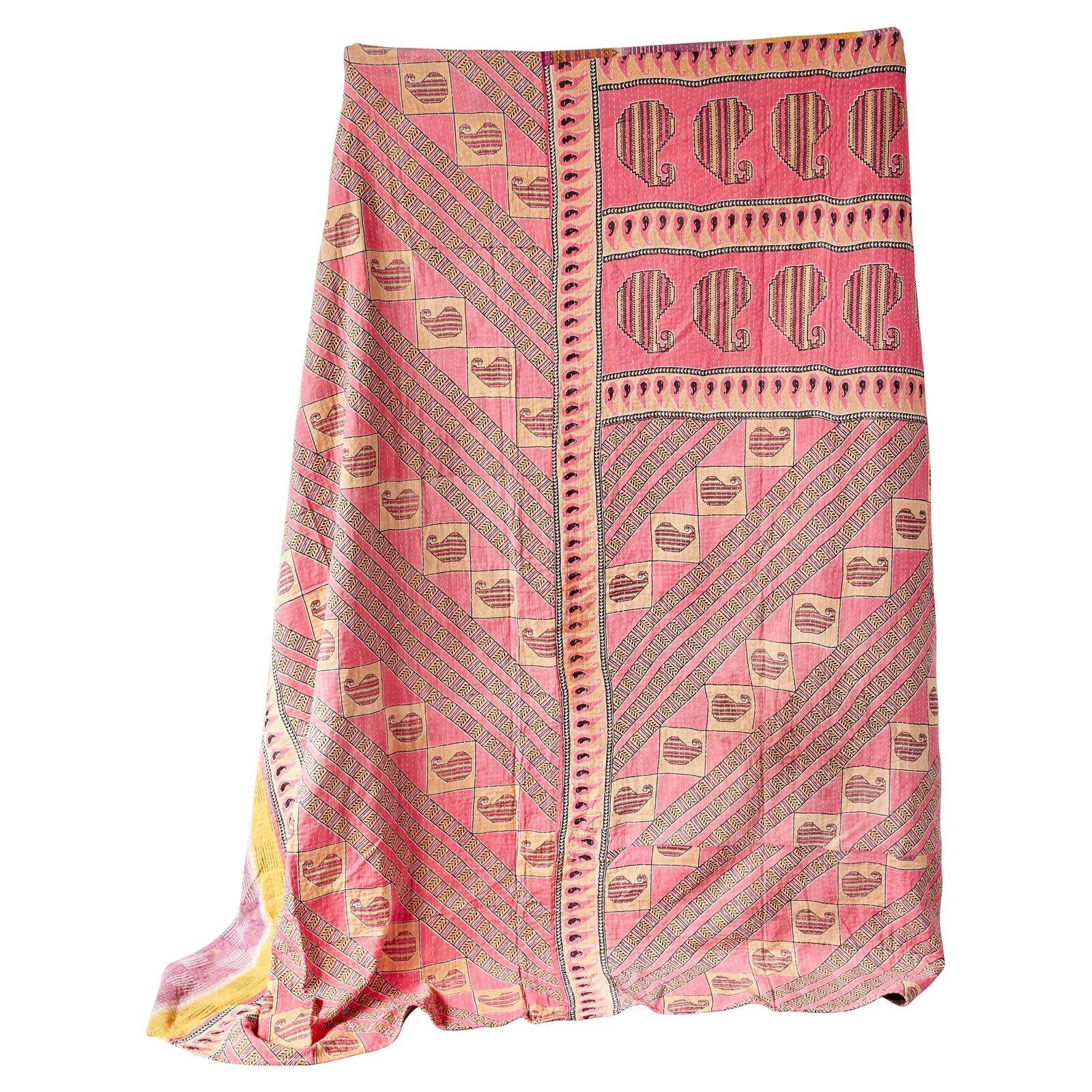 Pink and Beige Cotton Reversible Kantha Quilt Set