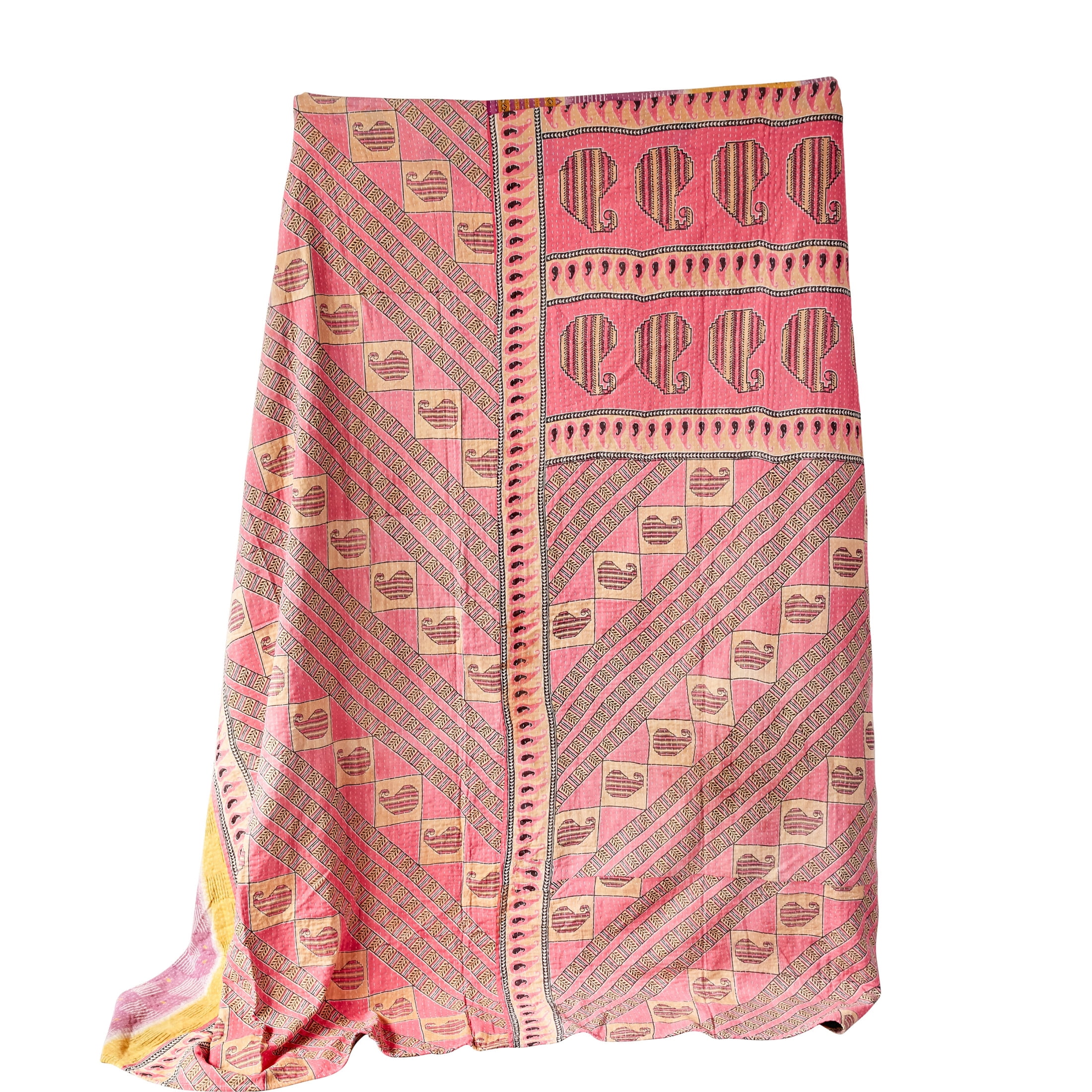 Pink and Beige Cotton Reversible Kantha Quilt Set