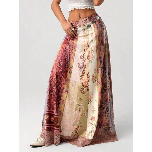 Multicolor Vintage Patchwork Print A-Line Maxi Skirt With Lace Hem And Ornamental Chain Waist