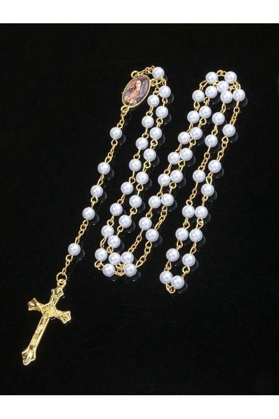 Multicolor Vintage-Style Faux Pearl Rosary Necklace With Goldtone Crucifix And Virgin Mary Medal