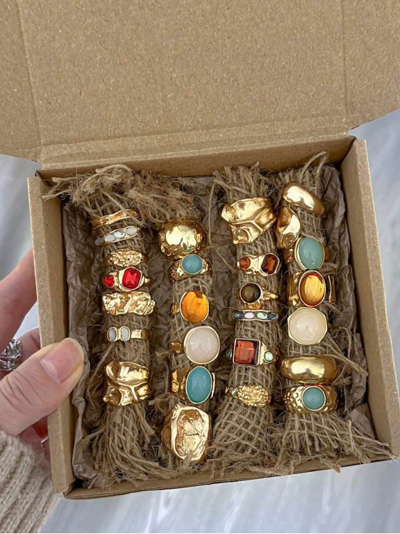 Multicolor Vintage-Style Stackable Wide Face Asymmetric Ring Set With Goldtone Metal And Colorful Resin Gemstones