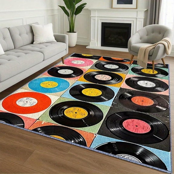 Multicolor Vinyl Record Pattern Area Rug For Living Room, Bedroom, Or Office – Slip-Resistant & Easy To Clean