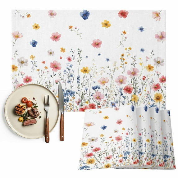 Multicolor Watercolor Floral Placemats Set of 12, Spring Pastel Wildflowers Table Mats Washable Heat-Insulation Non-Slip Place Mats for Kitchen Dinner Table Indoor Outdoor Decor,13x19 Inch White