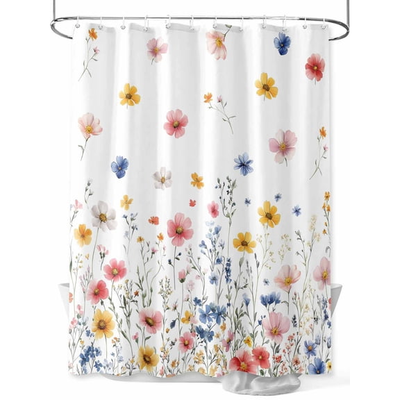 Multicolor Watercolor Floral Shower Curtain, Spring Pastel Wildflowers Bathroom Decor Curtains Set with Hooks, White Waterproof Fabric Home Accessories， 72 X 72 Inch Long