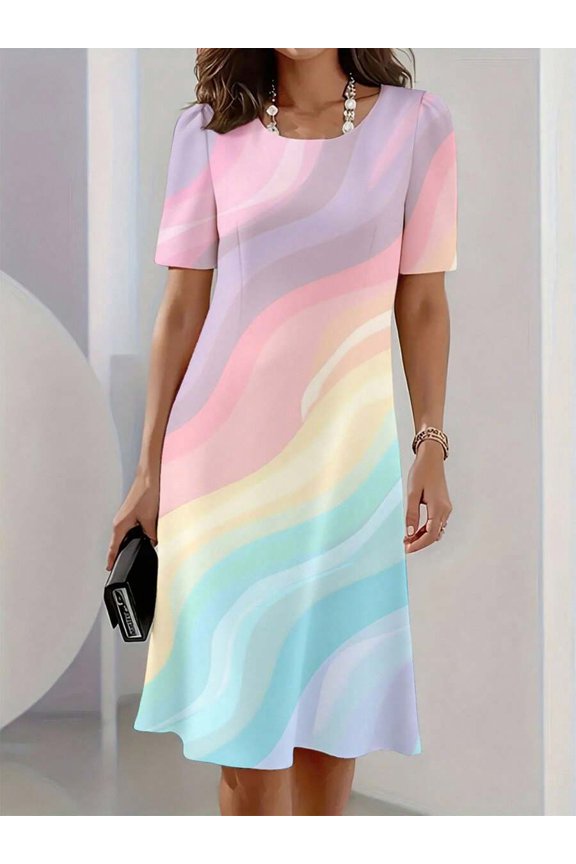 Multicolor Wave Print Short Sleeve A-Line Midi Dress For Casual Summer Wear