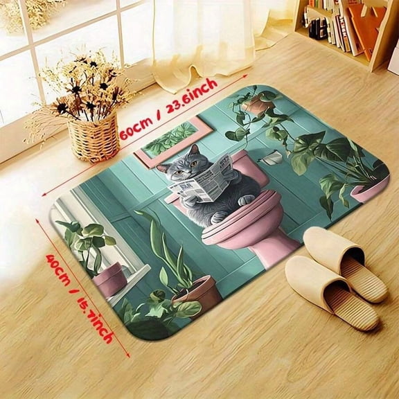Multicolor Whimsical Cat On Toilet Non-Slip Bathroom Mat - Absorbent Machine Washable Polyester Microfiber
