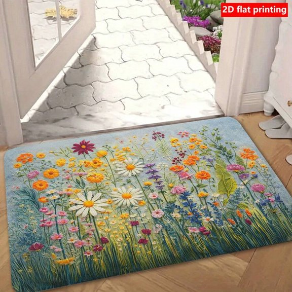 Multicolor Wildflower Field Doormat, Oil Painting Style Non-Slip Entry Mat, Machine Washable