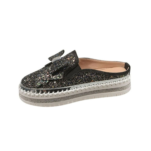 Multicolor Women Half-Slip Rhinestone Bow Slip-On Shoes Round Toe Thick Sole Comfortable Casual