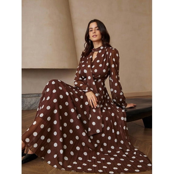 Multicolor Women Vintage Brown Polka Dot Pleated Long Sleeve Maxi Dress