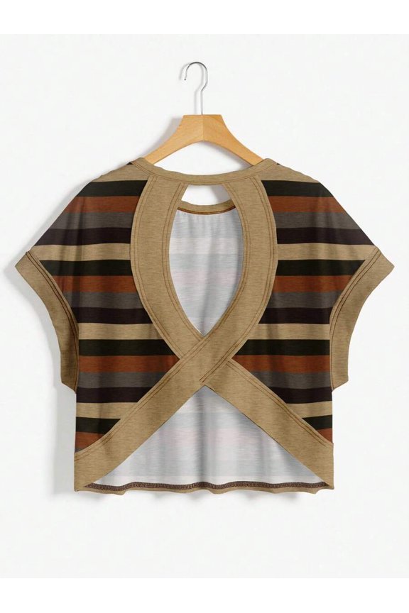 Multicolor Womens Backless Cutout Crop Top With Striped Pattern, Loose Fit