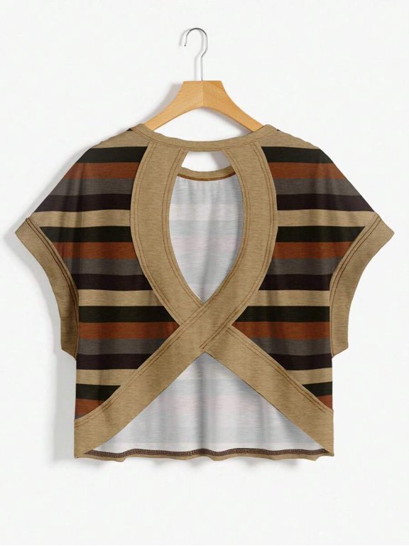 Multicolor Womens Backless Cutout Crop Top With Striped Pattern, Loose Fit