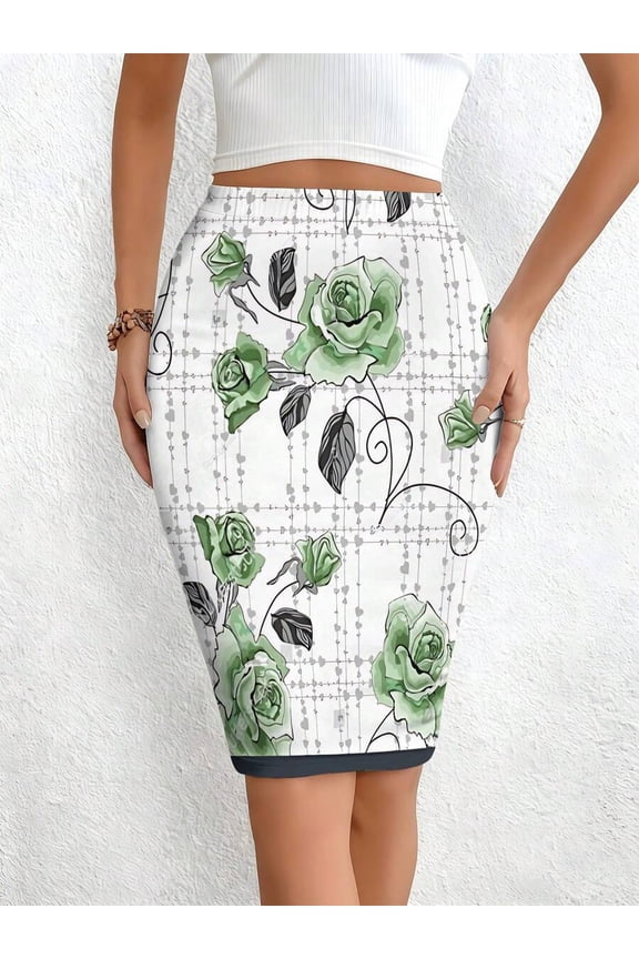 Multicolor Womens Bodycon Midi Skirt With Green Rose And Grid Print, Knit, Machine-Washable, Casual Fit