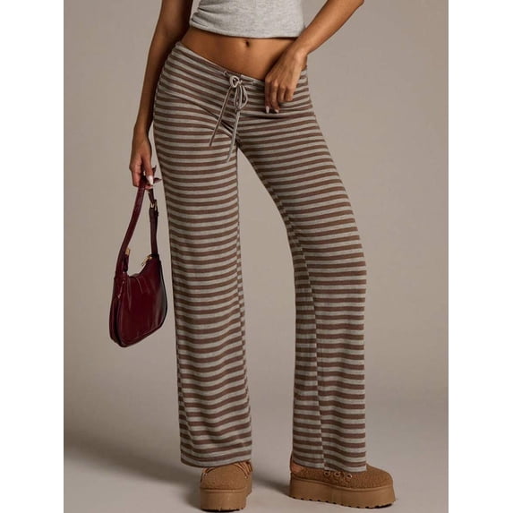 Multicolor Womens Brown Striped Low-Waist Wide-Leg Pants