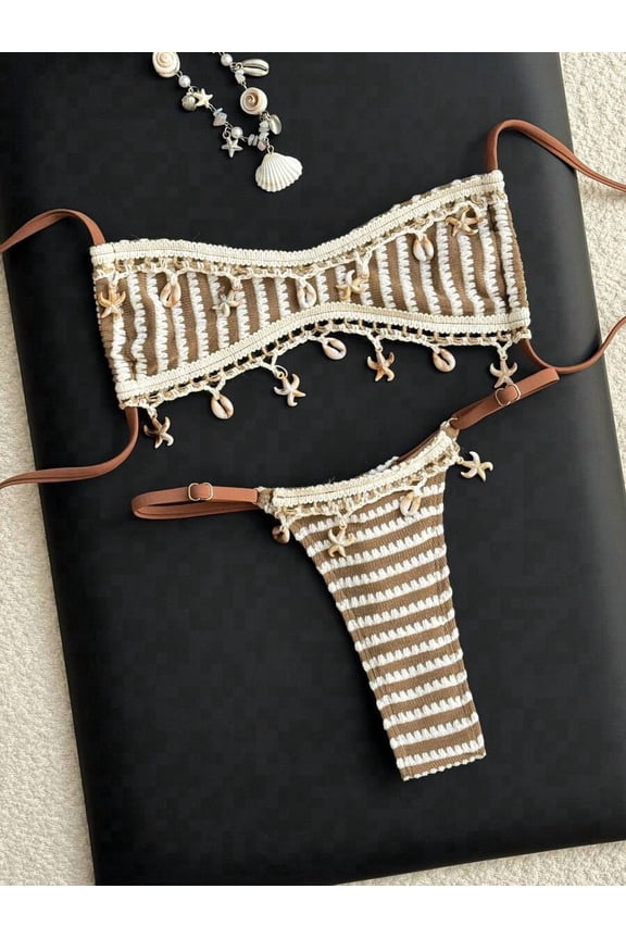 Multicolor Womens Crochet Bandeau Bikini Set With Shell And Starfish Embellishments