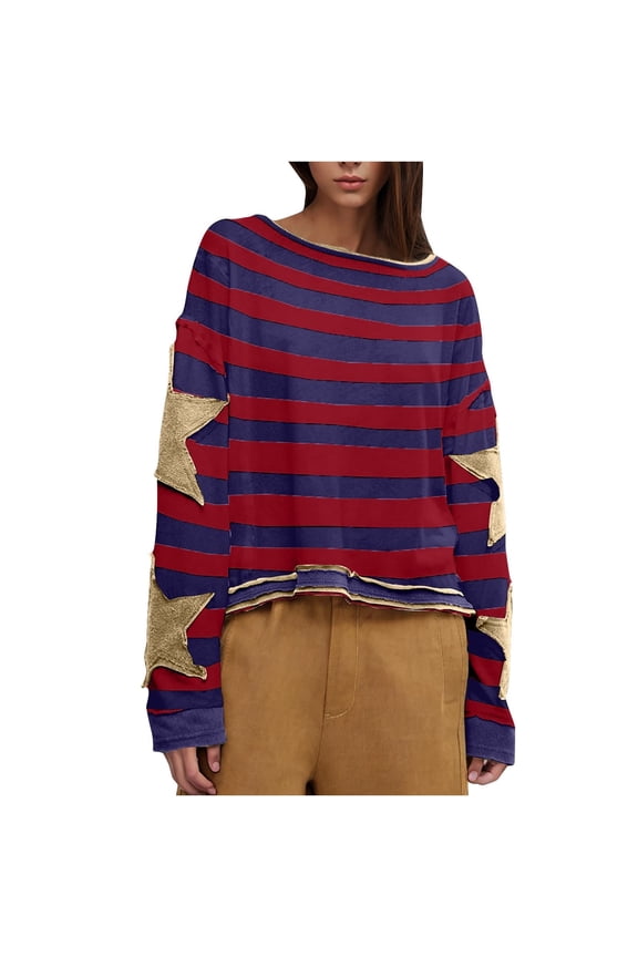 Multicolor Womens Fall Tops Women's Oversized Star Sweatshirt Long Sleeve Shirt Drop Shoulder Vintage Graphic Crewneck Jacket Sweaters for Women