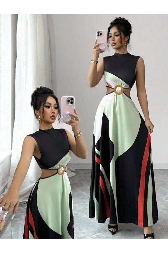 Multicolor Womens Geometric Print Sleeveless Hollow Waist A-Line Maxi Dress With Ornamental Ring Buckle