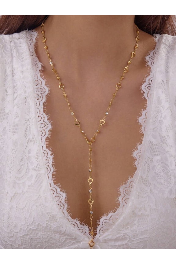 Multicolor Womens Heart Motif Rhinestone Studded Y-Necklace With Delicate Chain