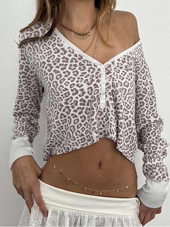 Multicolor Womens Leopard Print Button-Up Long Sleeve Casual T-Shirt
