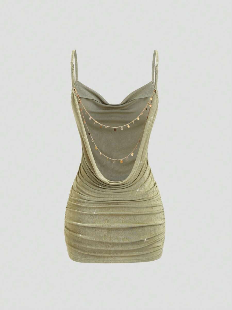 sage green ruched bodycon dress Multicolor Womens Backless Mini With Ornamental Chain Plunging Neckline Spaghetti Strap Ebay