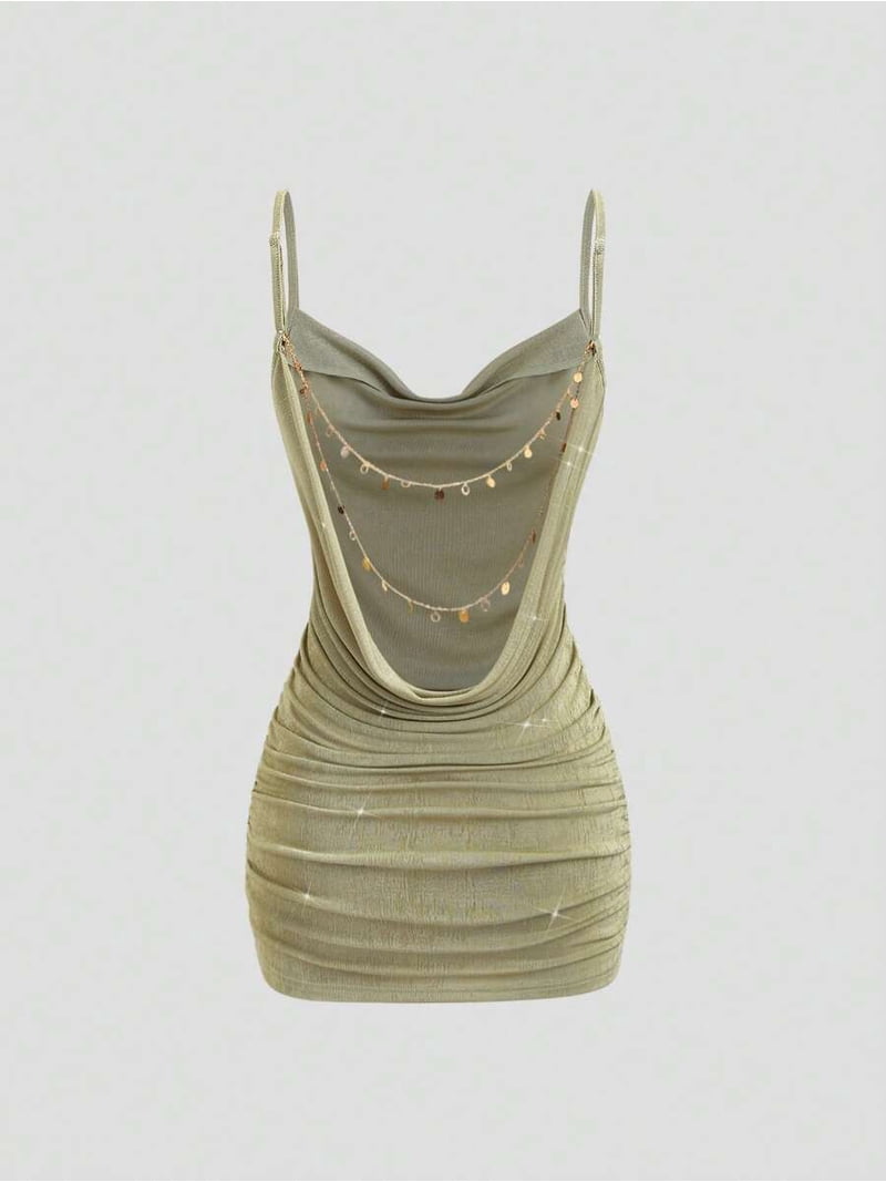 Multicolor Womens Sage Green Backless Ruched Bodycon Mini Dress With Ornamental Chain Plunging Neckline Spaghetti Strap