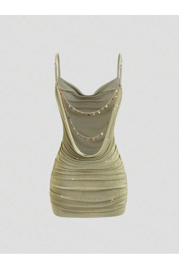 Multicolor Womens Sage Green Backless Ruched Bodycon Mini Dress With Ornamental Chain Plunging Neckline Spaghetti Strap