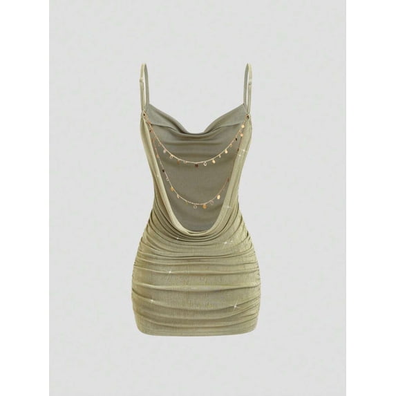 Multicolor Womens Sage Green Backless Ruched Bodycon Mini Dress With Ornamental Chain Plunging Neckline Spaghetti Strap