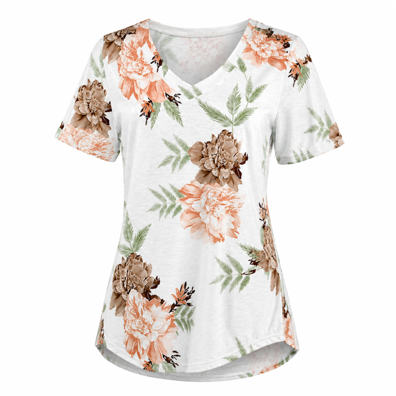 Women's V-Neck T-Shirts, Casual Rolled Short Sleeve Summer Tops with Side Split, Loose Fit, M Size