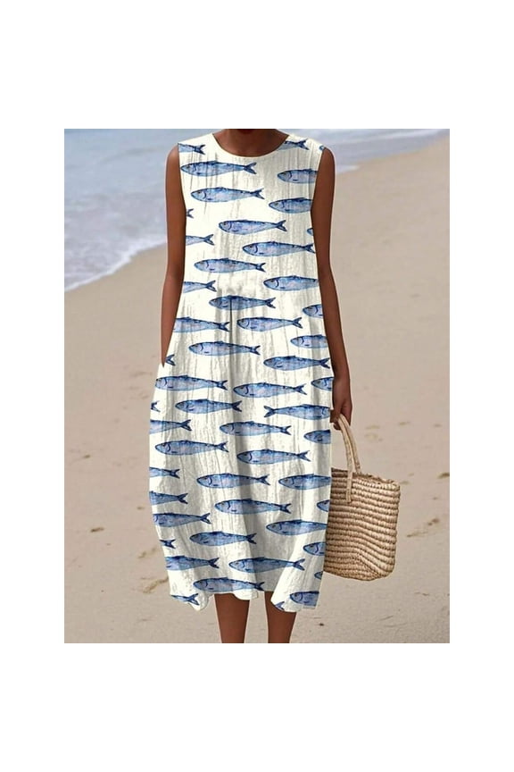 Multicolor Womens Sleeveless Round Neck Tank Dress With Blue Fish Print Loose Straight Fit Seaside Vacation Casual Dress