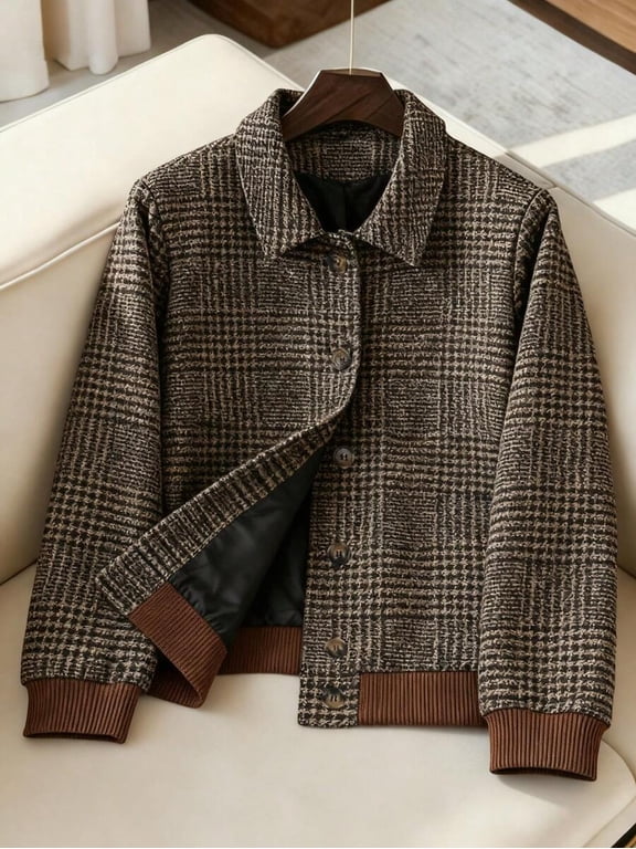 Multicolor Womens Vintage Plaid Houndstooth Jacket, Contrast Ribbed Cuffs