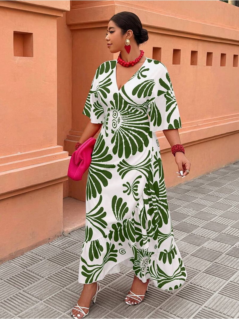 casual wrap dress styles /// Multicolor Womens Wrap Ruffle Floral Print Maxi Dress, Casual Vacation Style For Going Out, Women's, Size: 4XL