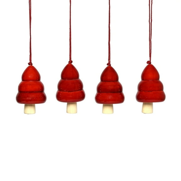 Christmas Décor Handcrafted Eco-friendly Red Wooden Tree Bell Hangings - Set of 4