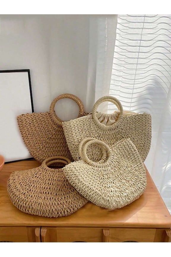 Multicolor Woven Raffia Beach Tote Bag With Circular Handles