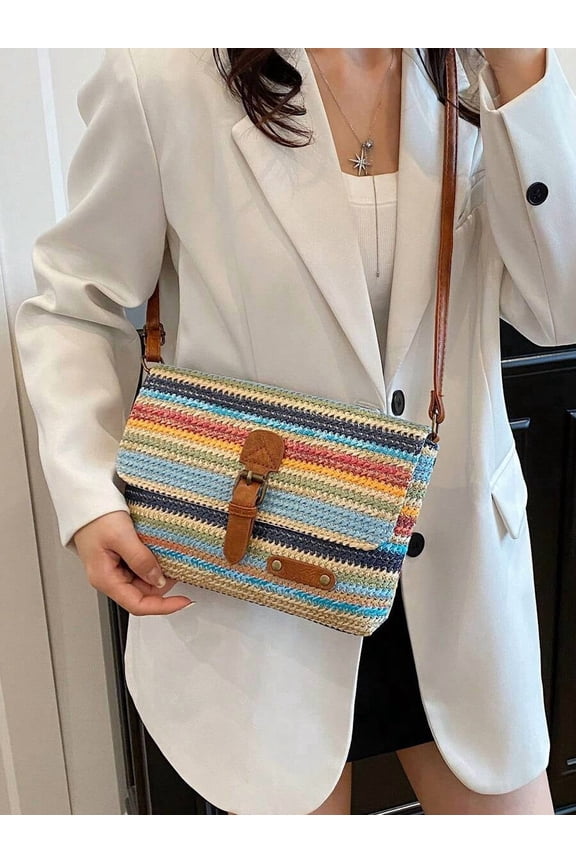 Multicolor Woven Raffia Saddle Crossbody Bag With Leather Buckle Strap