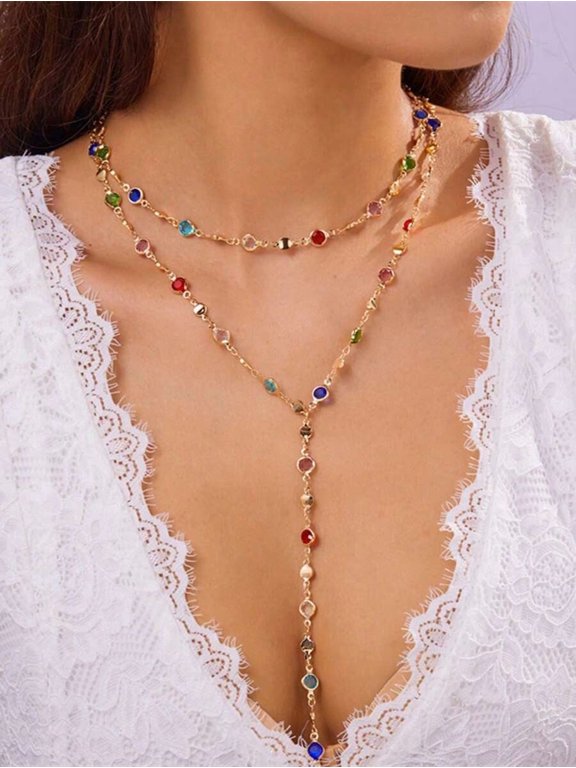 Multicolor Y-Shape Layered Chain Necklace With Colorful Gemstones For Party Or Date