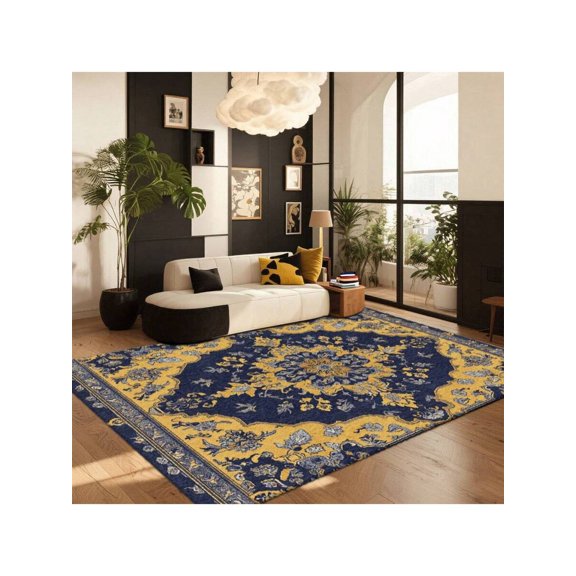 Multicolor Yellow And Blue Central Medallion Pattern Area Rug, Elegant Traditional Design For Living Room