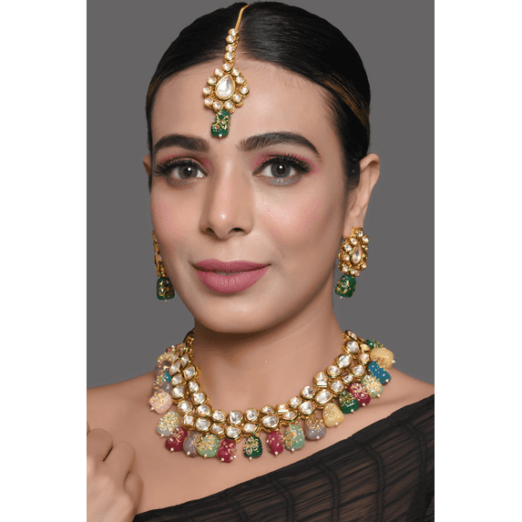 Multicolor necklace, Indian kundan jewelry, Tanjore beads necklace, indian kundan bridal set, Bollywood fashion jewelry, Multicolor jewelry set