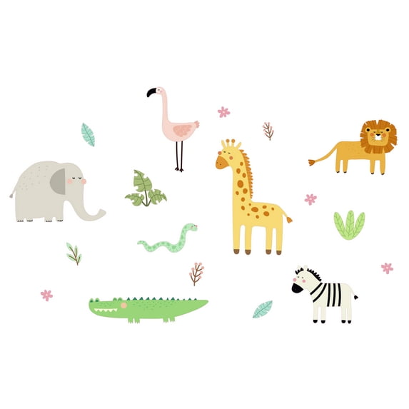 Multicolored 19" x 30" Cartoon Style Animals Kids Art Removable Home Wall Decoration Colorful Wild Animals Design Kids Bedroom Living Room Colorful Wall Decal Sticker