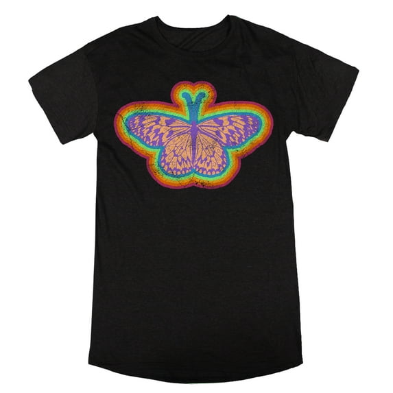 Multicolored Butterfly Crew Neck Short Sleeve Black Heather Women's Night Shirt-Small