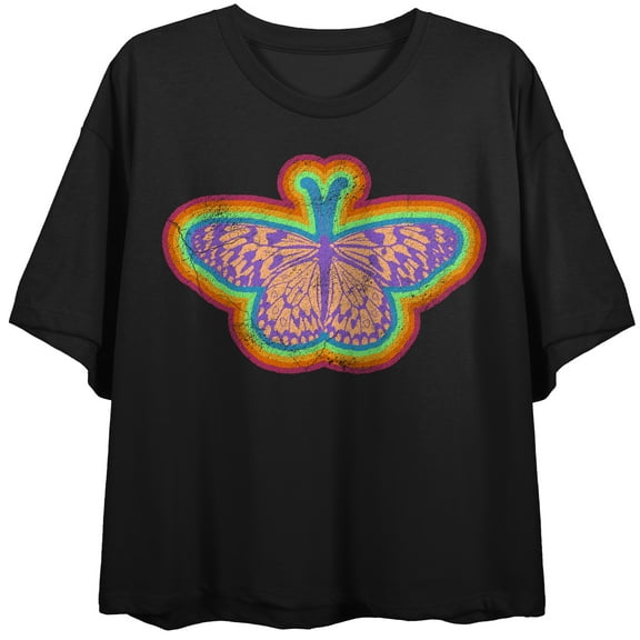 Multicolored Butterfly Crew Neck Short Sleeve Women's Black Crop T-shirt-XS