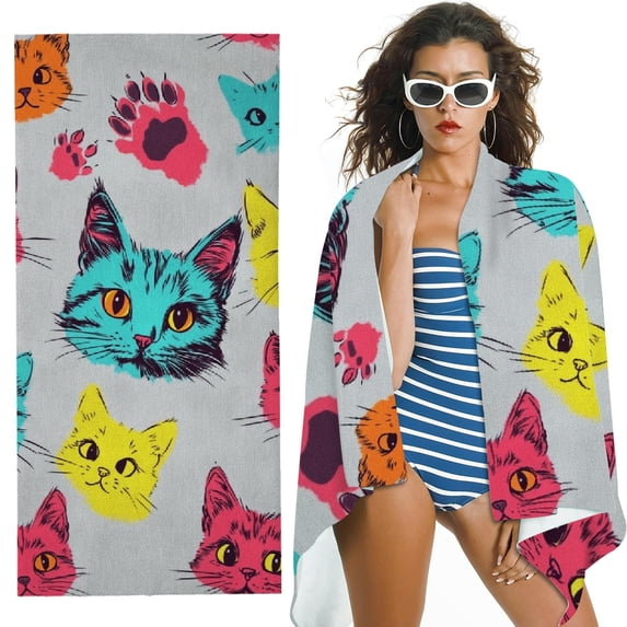 Multicolored Cat Beach Towel Pool Camping SwimmingTowels Blanket