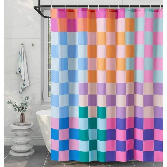Multicolored Checkered Retro Fabric Shower Curtain for Bathroom Extra Long 72 Inches Length, Bright Rainbow Colorful Modern Simple Groovy Aesthetic Shower Curtain Set with Hooks