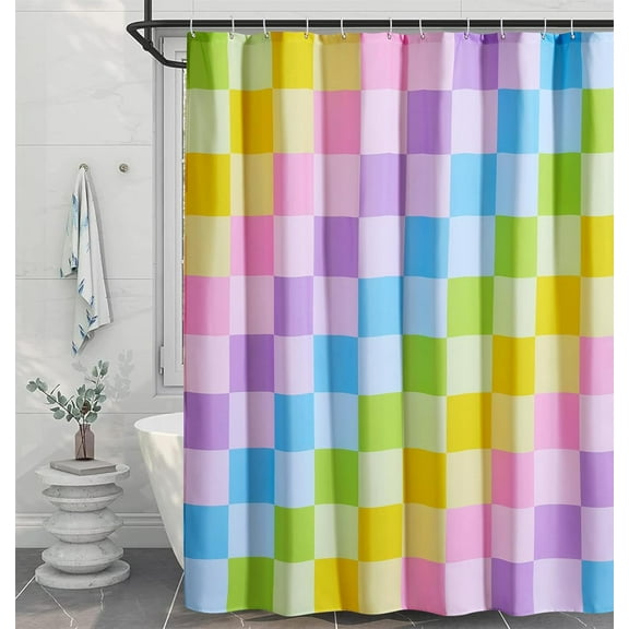 Multicolored Checkered Retro Fabric Shower Curtain for Bathroom, Heavy Duty Iridescent Rainbow Colorful Modern Simple Groovy Funky Shower Curtain Set with Hooks Aesthetic Bathroom Decor