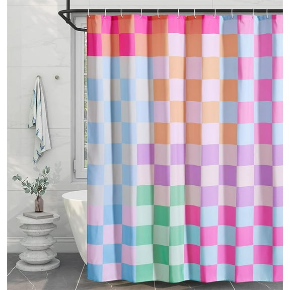 Multicolored Checkered Retro Fabric Shower Curtain for Bathroom, Heavy Duty Pastel Rainbow Colorful Modern Simple Groovy Funky Shower Curtain Set with Hooks Aesthetic Bathroom Decor