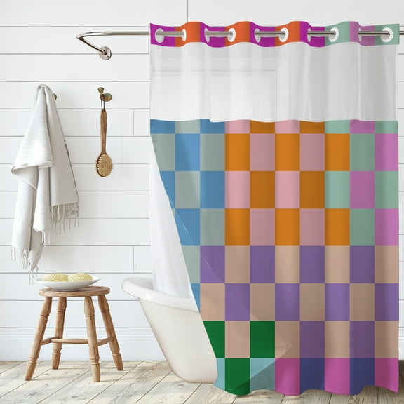 Multicolored Checkered Retro Shower Curtain No Hook, Cute Colorful Shower Curtain with Snap Liner, Funny Waterproof Bath Curtain with Mesh Top Window, Bright Decor for Bathroom 71" X 74"