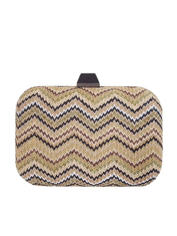 Multicolored Chevron Raffia Straw Box Clutch