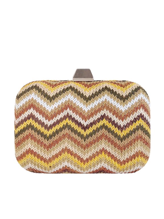 Multicolored Chevron Raffia Straw Box Clutch