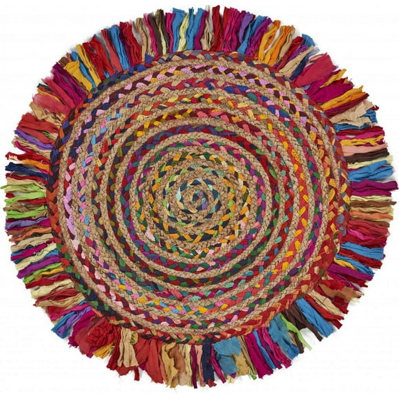 Multicolored Chindi and Natural Jute Fringed Round Rug