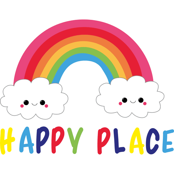 Multicolored Cloud Face Rainbow Design Home Living Room Children's Playroom Vinyl Wall Lettering Art Decal Quotes | Happy Place - 20" x 28" Nursery Kids Bedroom Decor Vinyl Wall Decoration Sticker