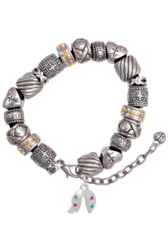 Multicolored Crystal Fortune Cookie Silver Tone Christian Bead Bracelet