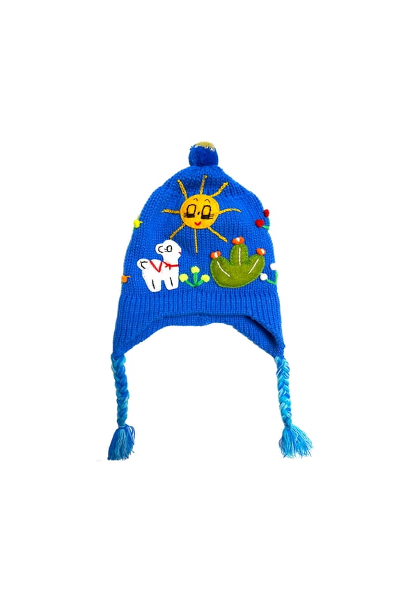 Multicolored Embroidered Animal Knit Puff Ball Pom Beanie Earflap Warmer Hat Kids Winter Handmade Accessories